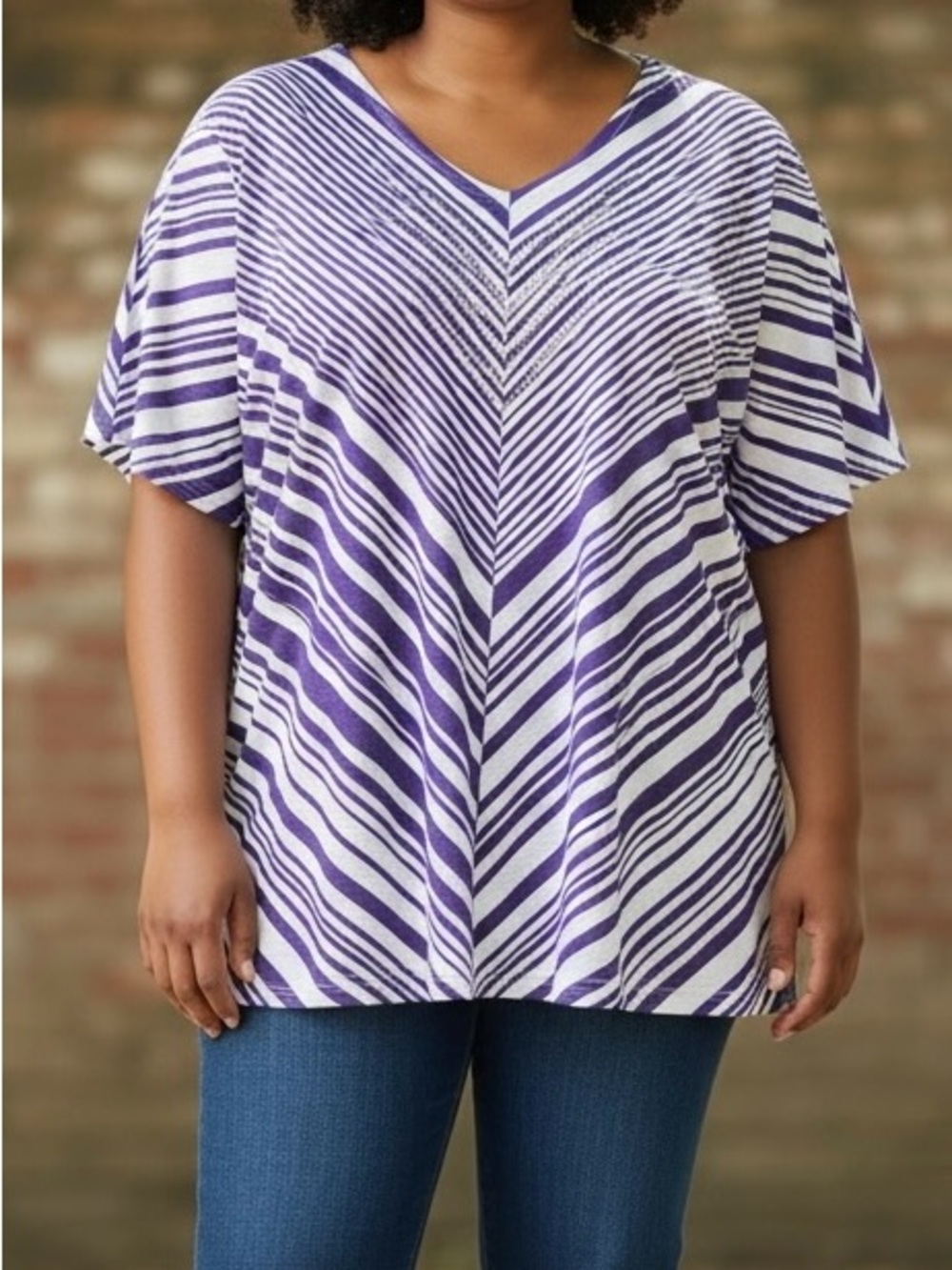 Catherines Purple and White V-Neck Striped Tee